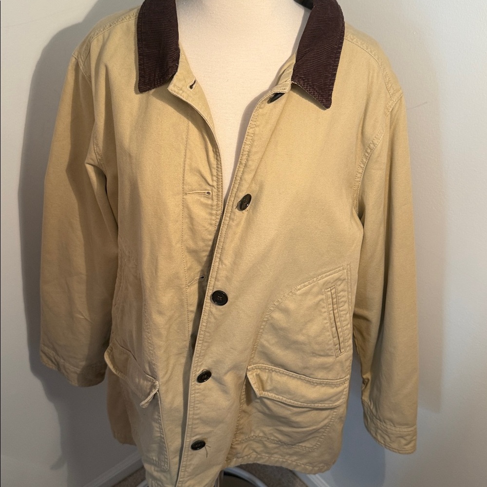 Lands End Cotton Canvas Barn Chore Coat Light Khaki with Brown Corduroy